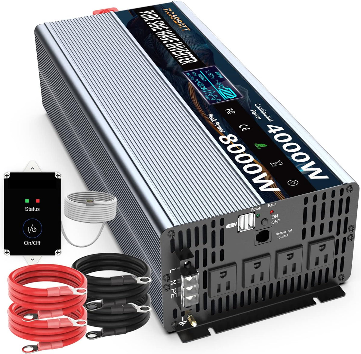 4000Watt 12V DC to AC 110V Power Inverter with Remote Control 4 AC Outlets Dual USB Port F351