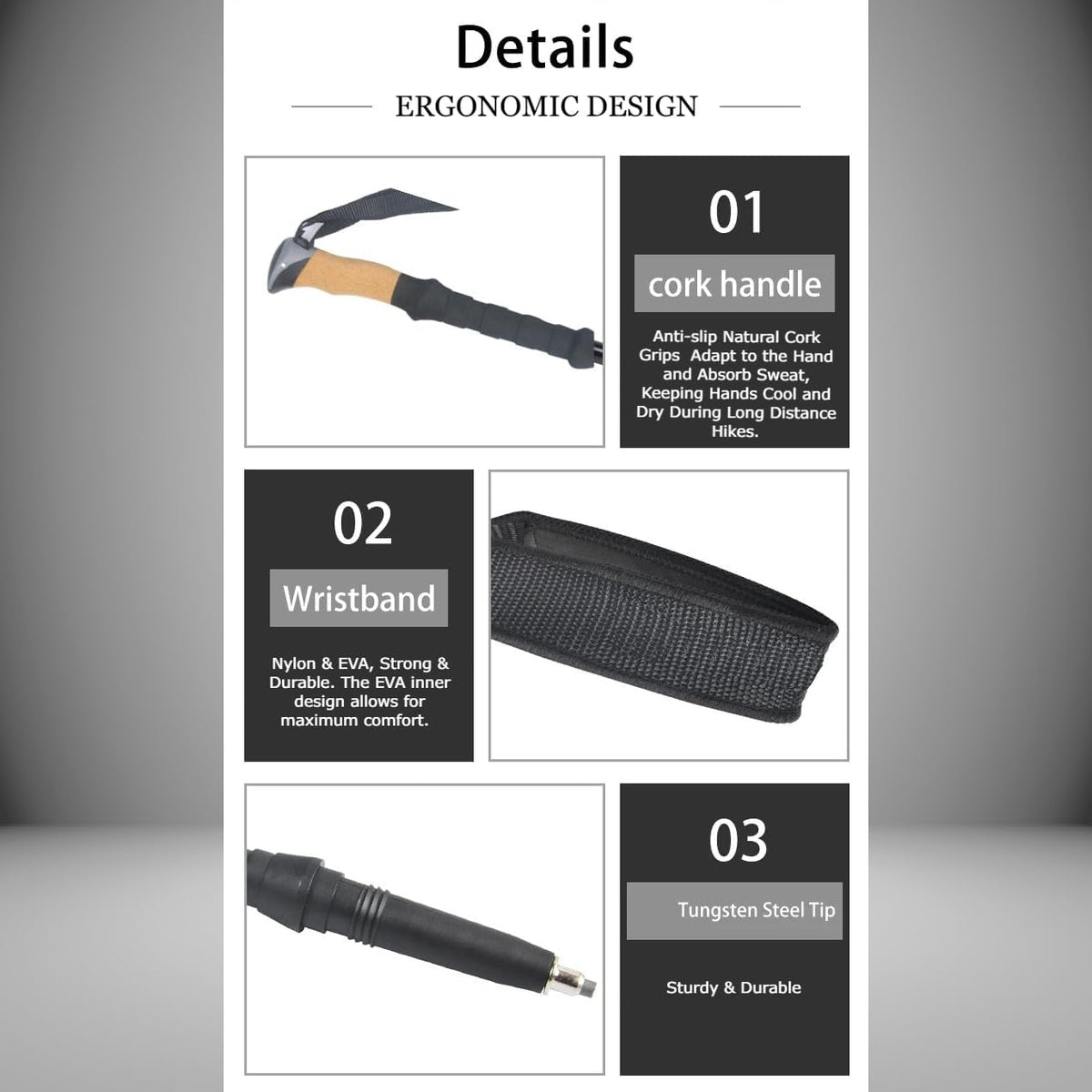 Ultralight Telescopic Trekking Poles with Natural Cork Grips and Nylon Storage Bag T523014