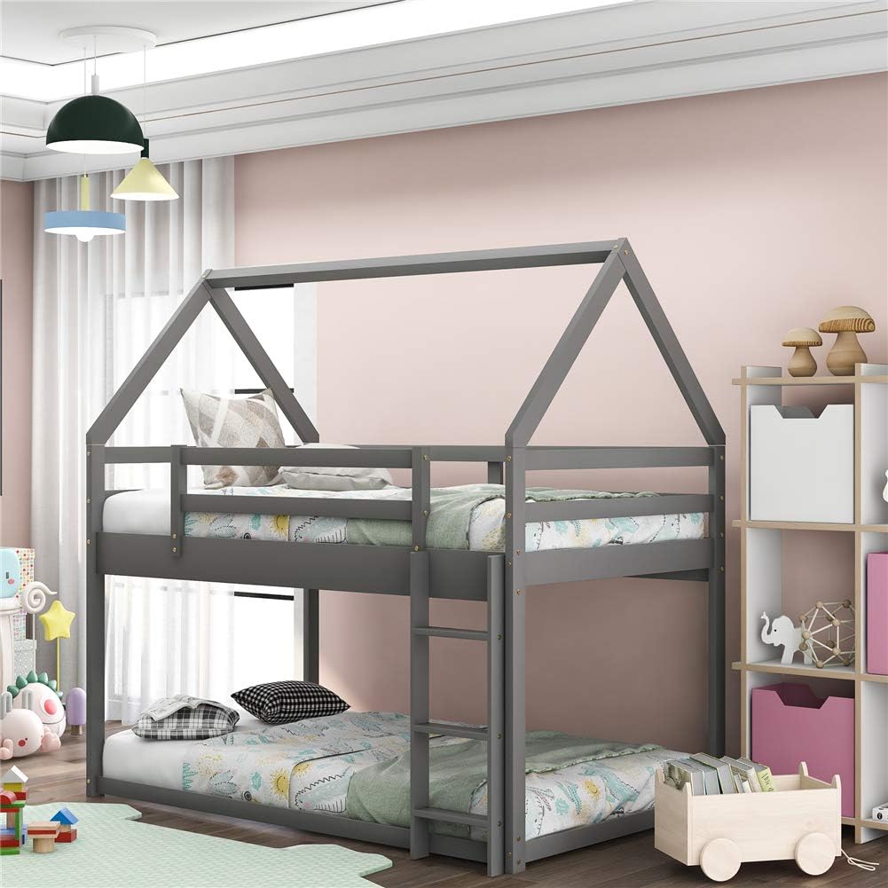 Twin Size Wood House Bed Frame with Fence G158549