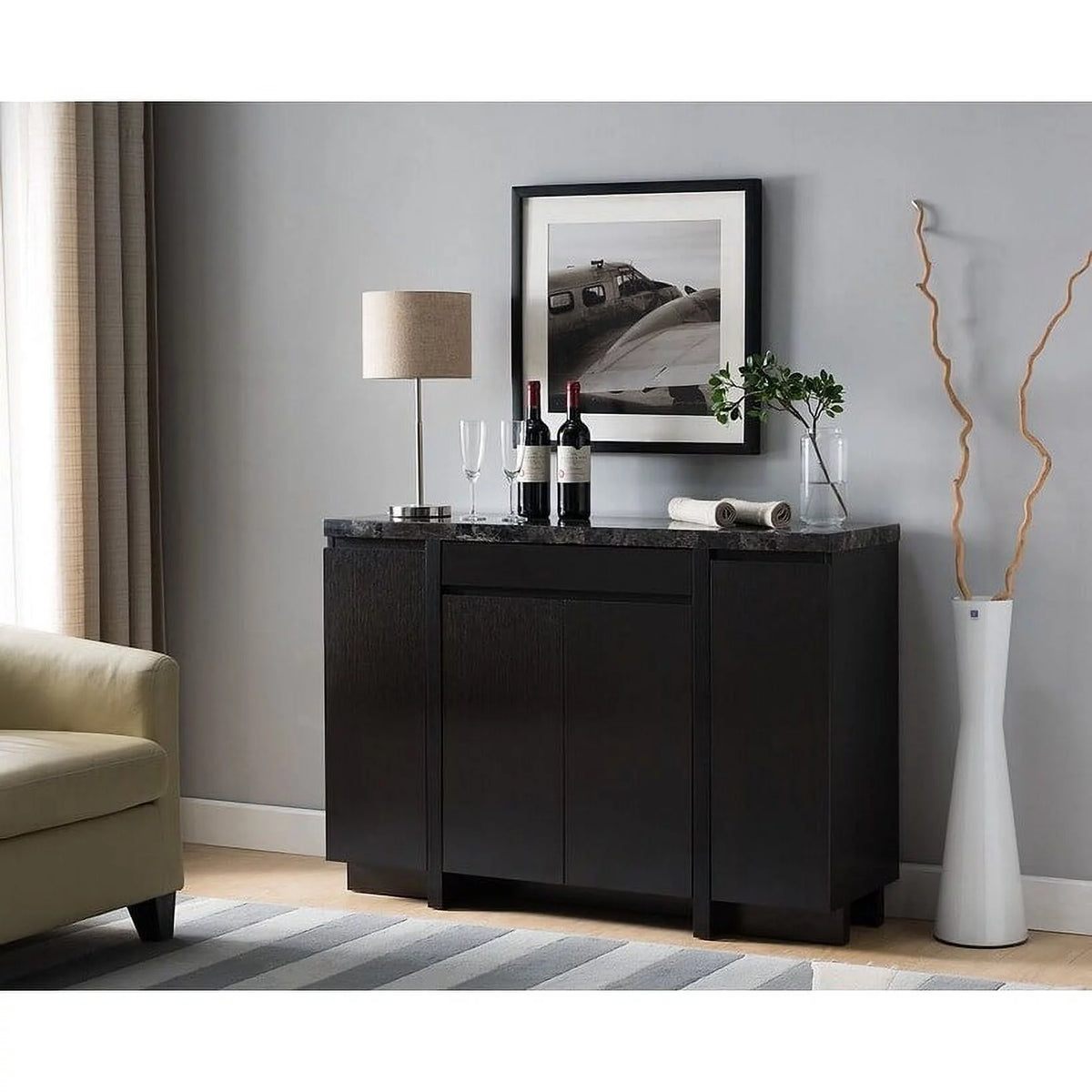 Faux Marble Top Sideboard Cabinet with Three Cabinets and One Drawer D754