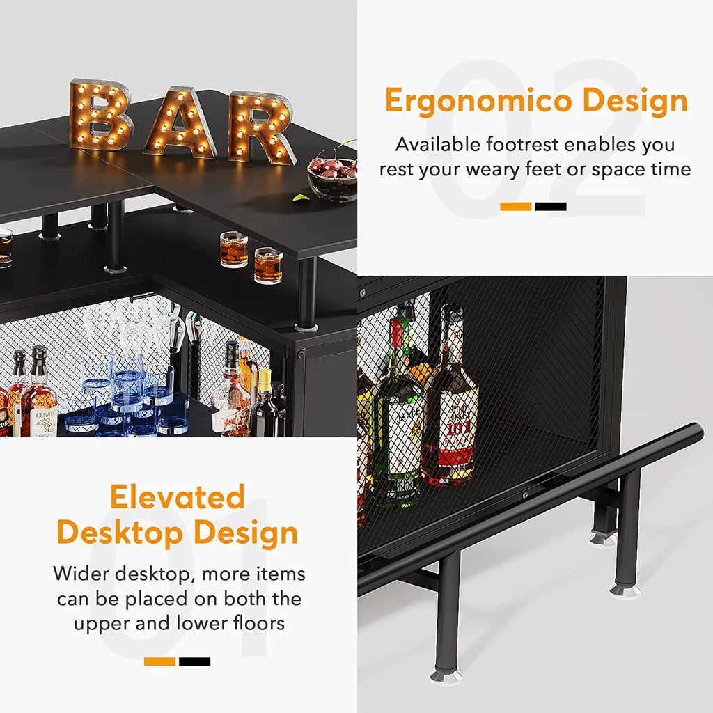 L-Shaped Black Bar Table with Stemware Racks and Shelves M966