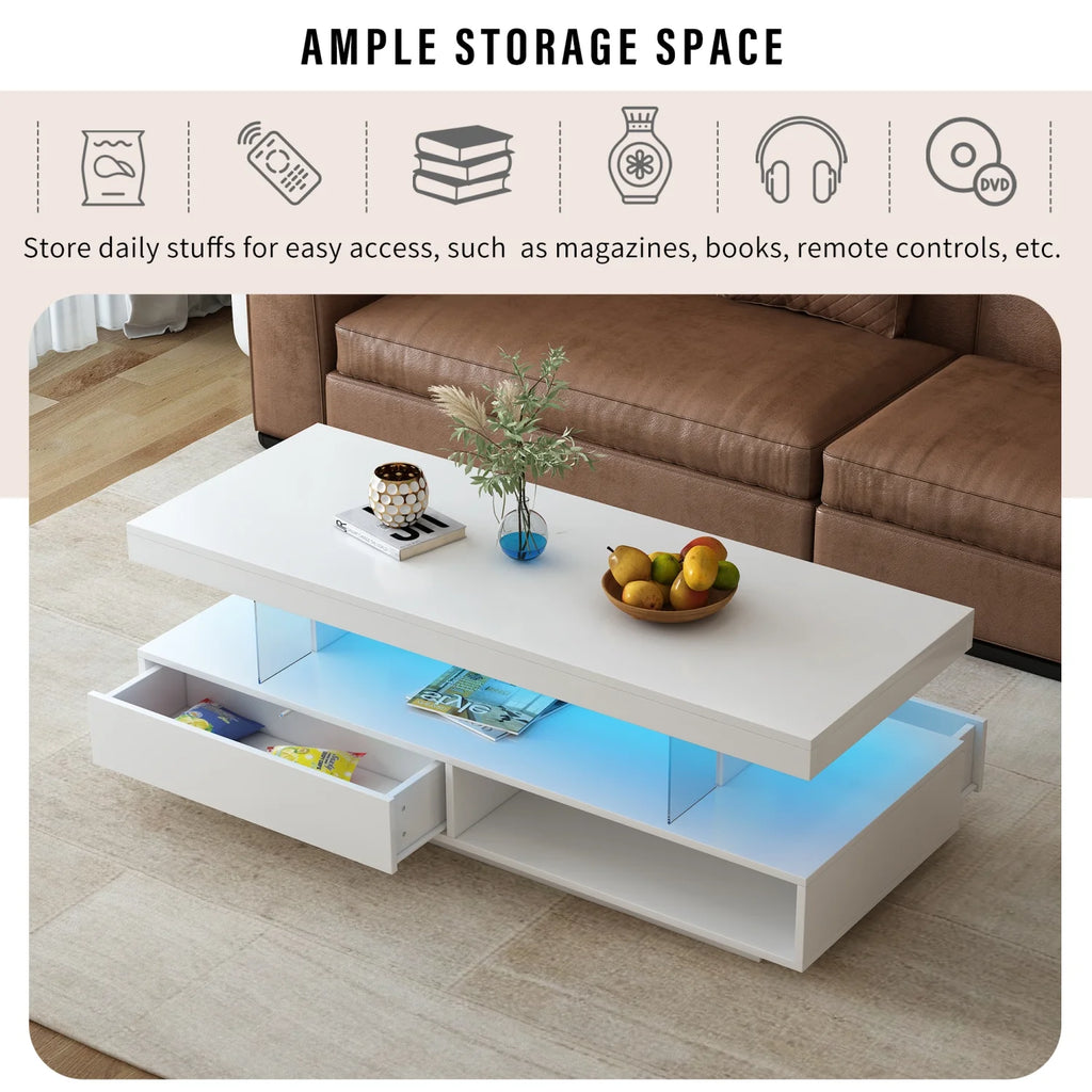 White LED Coffee Table with Storage and 2 Drawers Y649