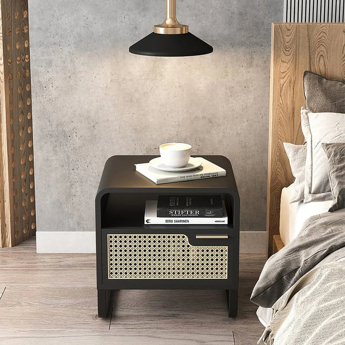 Black Rattan Woven Nightstand with 1 Drawer Q846609