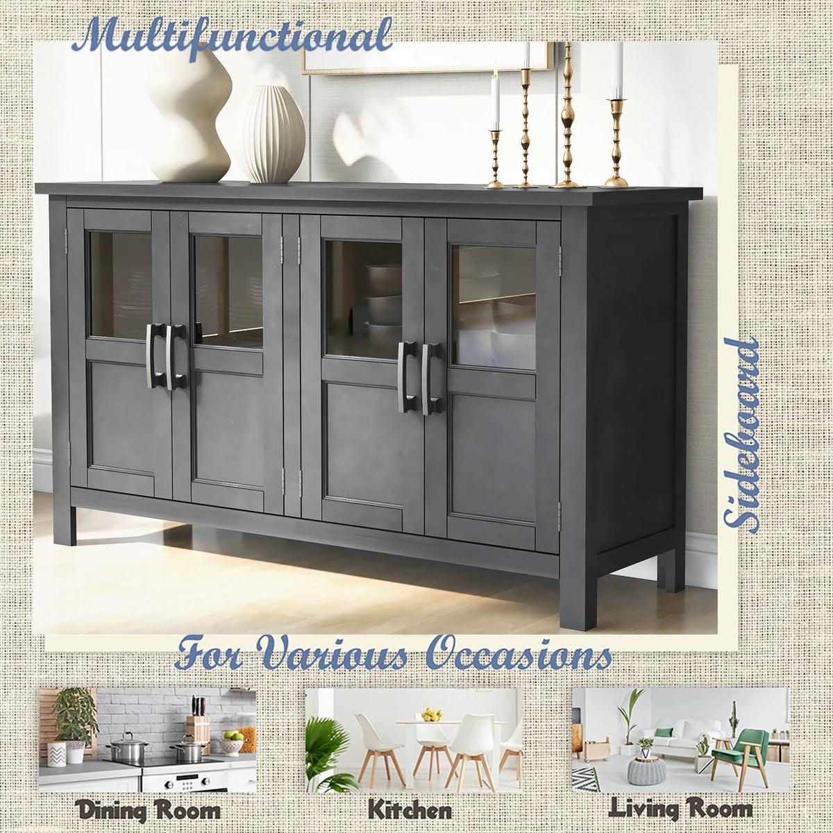 Gray 4 Door Buffet Cabinet with Adjustable Shelves D8249