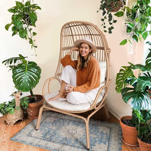 Beige Wicker Egg Chair with Stand & Cushion F9407