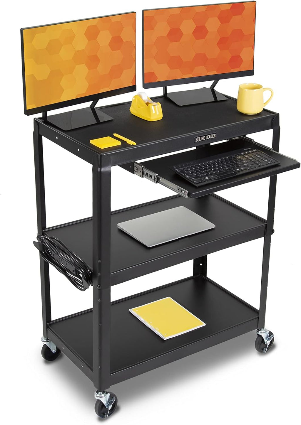 Large AV Cart with Retractable Keyboard Tray Height Adjustable Utility Cart Black 34in x 18in x 42in X34054