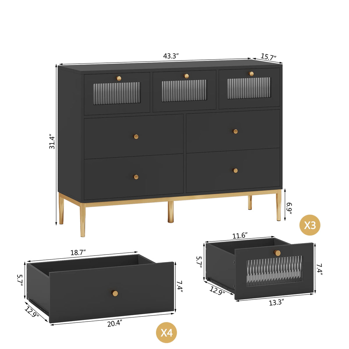 White 7 Drawer Glass Dresser L303