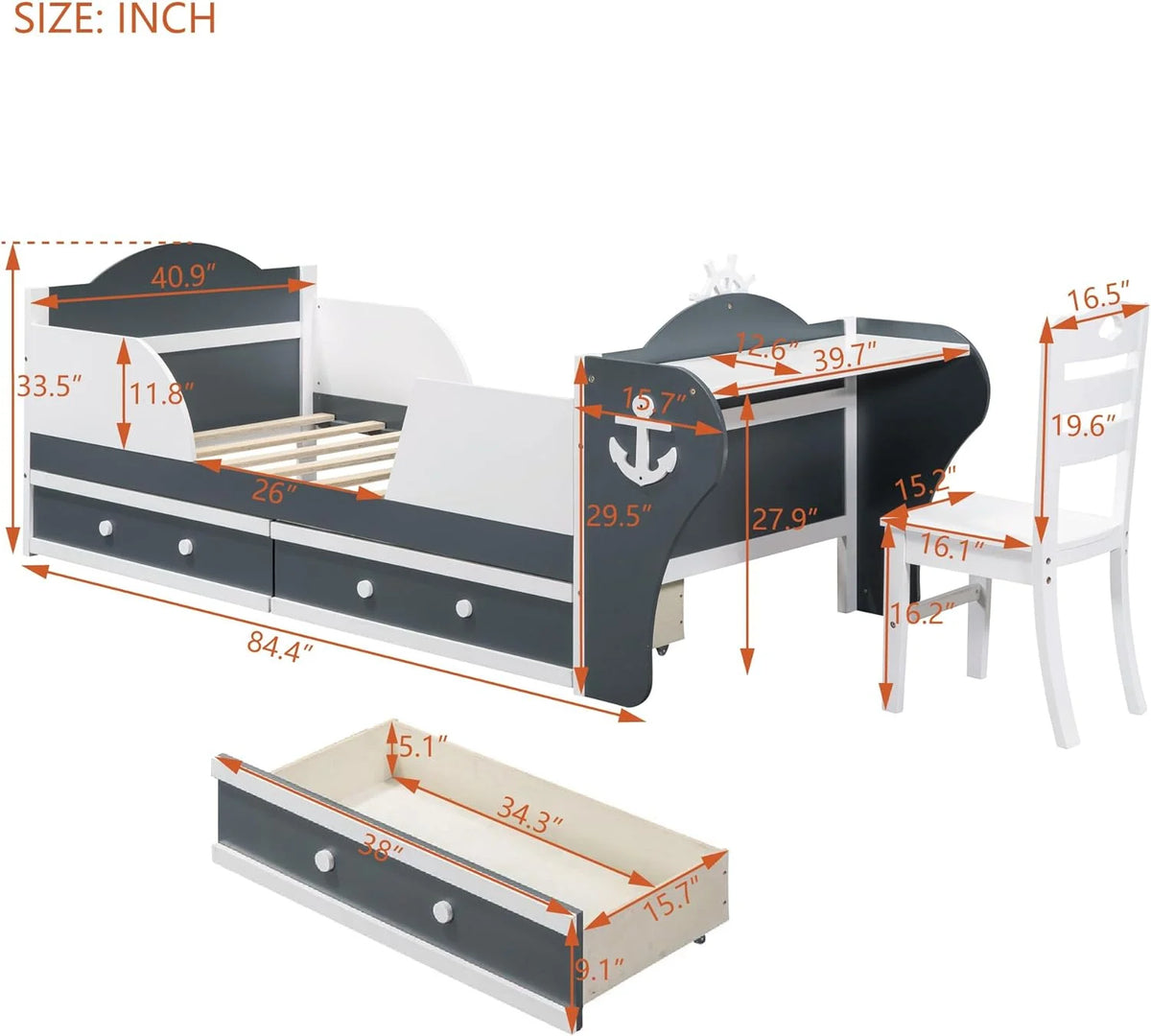Boat-Shaped Platform Bed Frame with Two Drawers S928793