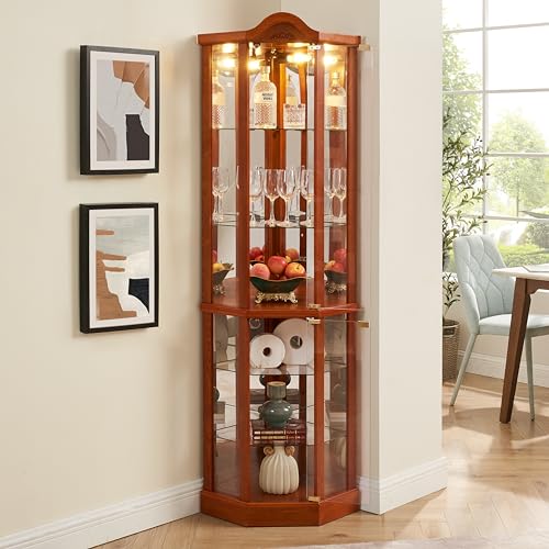 Oak Lighted Wooden Corner Display Curio Cabinet with Tempered Glass Doors N27001