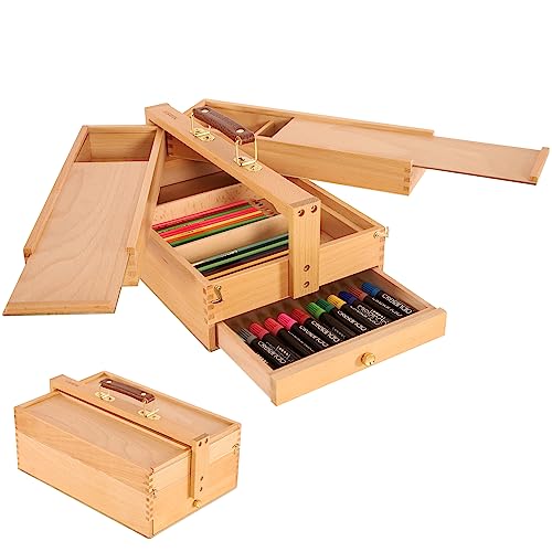 Solid Beech Wooden Artist Storage Box with Drawer, Three Layers, 13 1/2" x 9 1/2" x 5" Q771