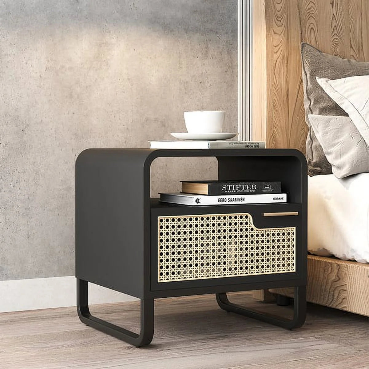 Black Rattan Woven Nightstand with 1 Drawer Q846609