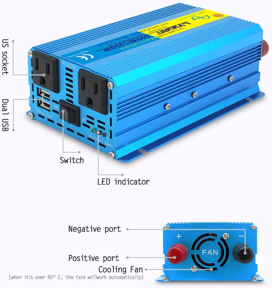 Pure Sine Wave Inverter 500 Watts 12V to 110V DC to AC with Dual AC Sockets and Dual USB Ports G79926