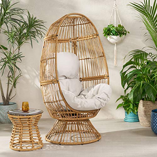 Light Brown Beige Wicker Swivel Egg Chair with Cushion N3997