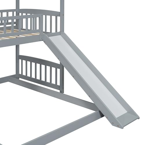 Twin Over Full Bunk Bed with Stairs and Slide, Gray S561