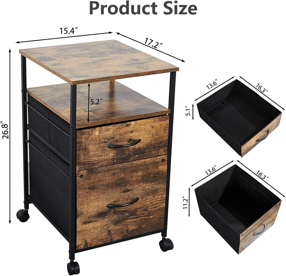 Rustic Brown Black 2 Drawer Rolling File Cabinet with Shelves M935838