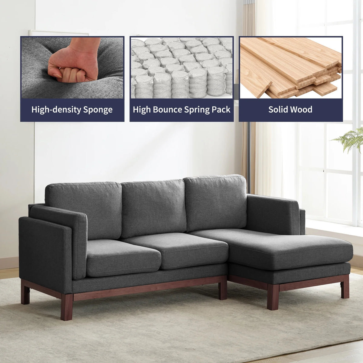Dark Grey L-Shaped Sectional Sofa with Chaise Lounge B796