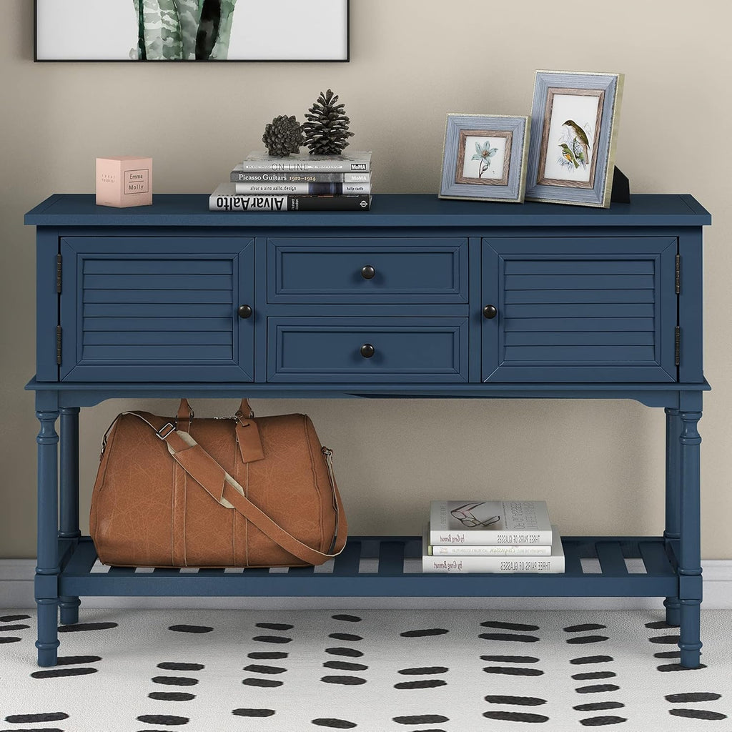Solid Wood Console Table with 7 Drawers, 1 Cabinet and Shelf, Blue, 45.3x15x33.7 in F140