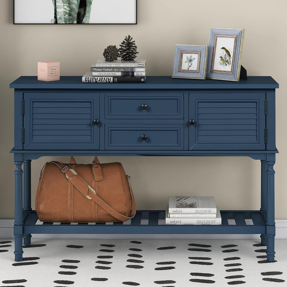Solid Wood Console Table with 7 Drawers, 1 Cabinet and Shelf, Blue, 45.3x15x33.7 in F140