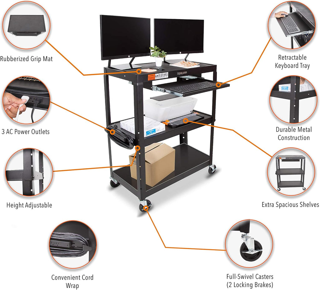 Large AV Cart with Retractable Keyboard Tray Height Adjustable Utility Cart Black 34in x 18in x 42in X34054
