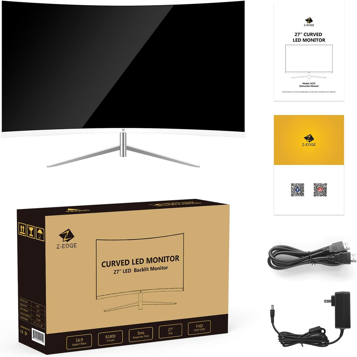 27-inch Curved Gaming Monitor, Full HD 1080P LED, 75Hz Refresh Rate, Built-in Speakers, VGA+HDMI I57918