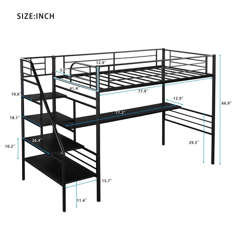 Black Twin Metal Loft Bed Frame with Desk Z479