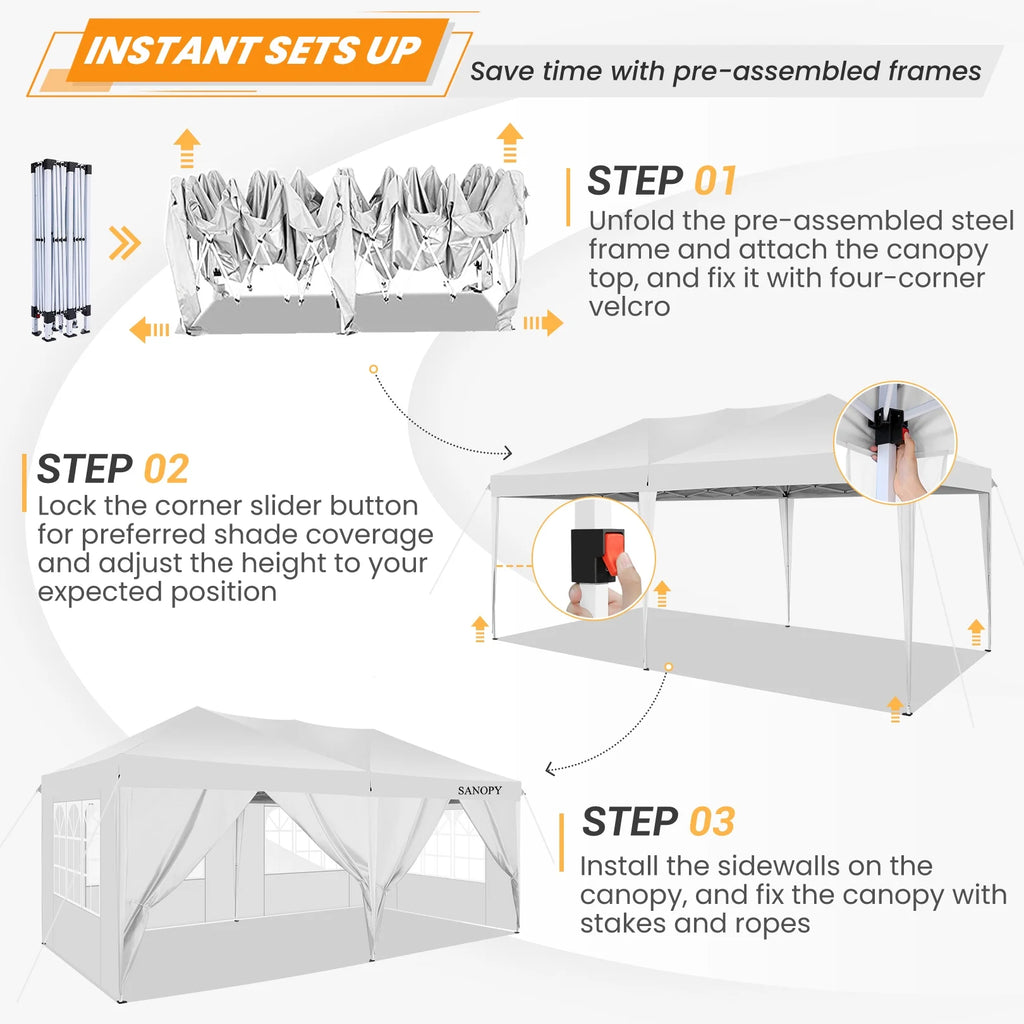 10' x 20' Pop Up Canopy Tent with 6 Removable Sidewalls and Carry Bag, White Y84331