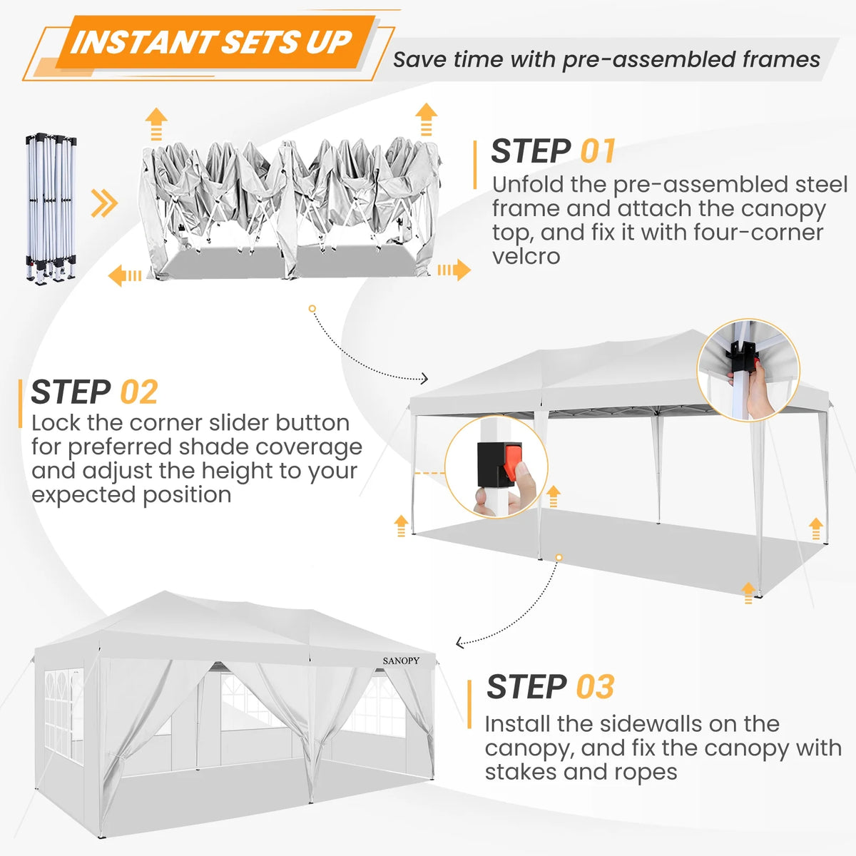 10' x 20' Pop Up Canopy Tent with 6 Removable Sidewalls and Carry Bag, White Y84331