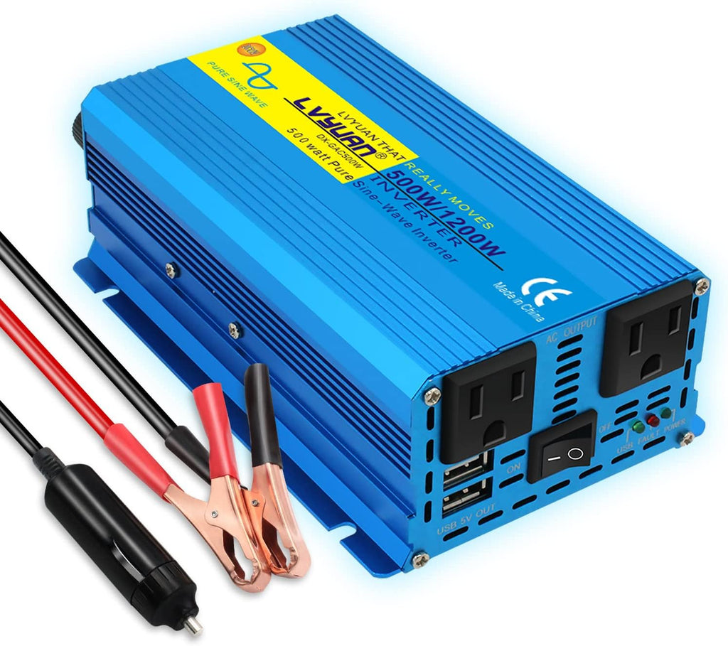 Pure Sine Wave Inverter 500 Watts 12V to 110V DC to AC with Dual AC Sockets and Dual USB Ports G79926