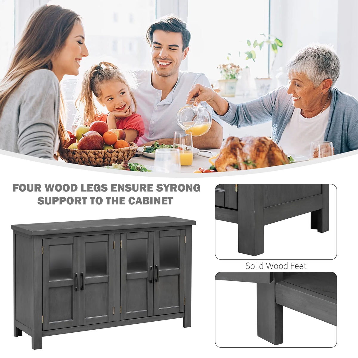 Gray 4 Door Buffet Cabinet with Adjustable Shelves D8249