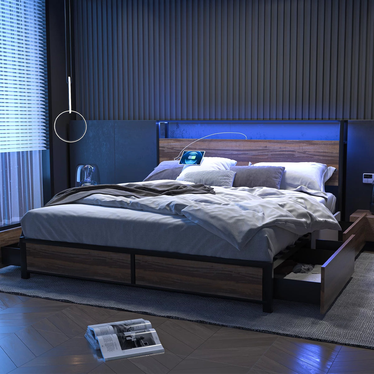 Queen Size LED Metal Platform Bed Frame with 4 Storage Drawers and Headboard J2003