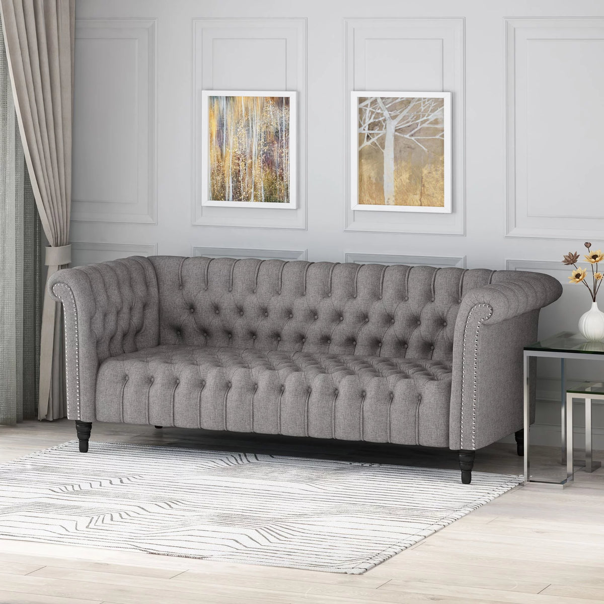 Grey Fabric Tufted 3 Seater Sofa H8243