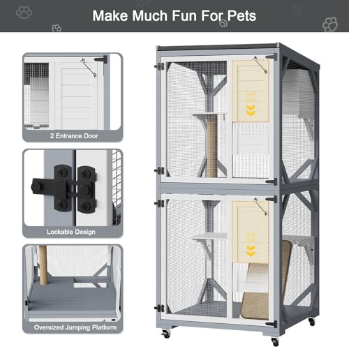 Outdoor Cat Enclosure on Wheels, 2-Tier Waterproof Catio with Scratching Post, Gray and White D4961