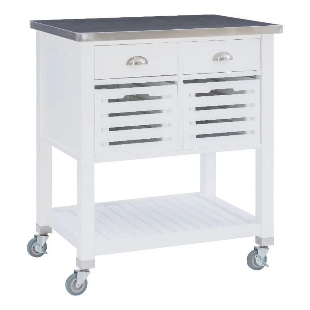 White Wood Stainless Steel Top Kitchen Cart D36766