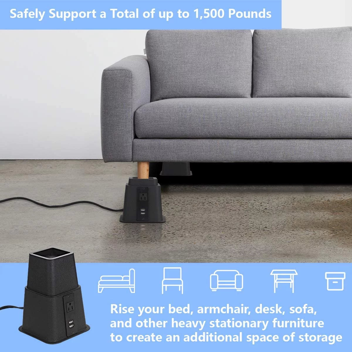 Black Set of 4 Adjustable Bed Riser with Power Outlet and USB Ports T945