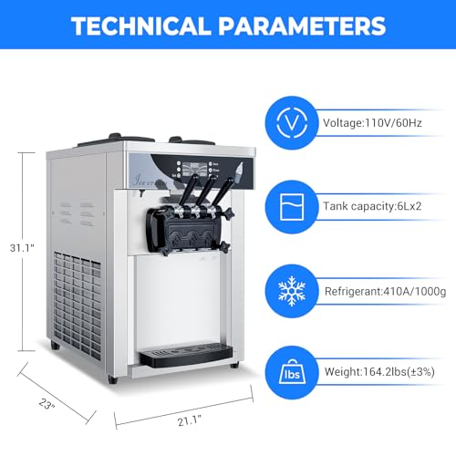 1800W 3 Flavors Soft Serve Ice Cream Machine, 25L/H Yield, Silver Y6333