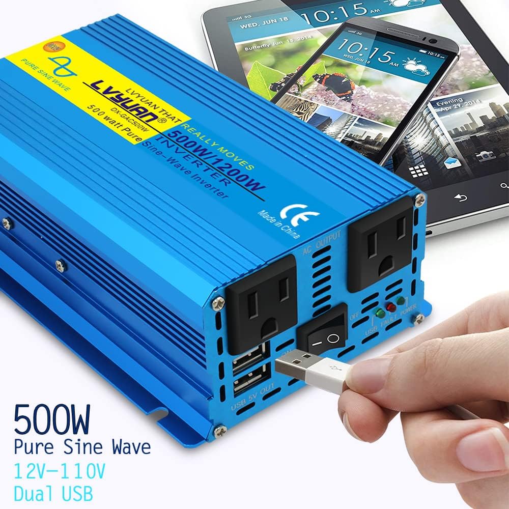 Pure Sine Wave Inverter 500 Watts 12V to 110V DC to AC with Dual AC Sockets and Dual USB Ports G79926