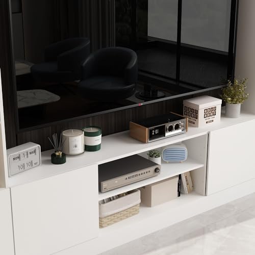 White Entertainment Center with Bookshelves and Doors 81.1"W x 11.8"D x 70.9"H P70708