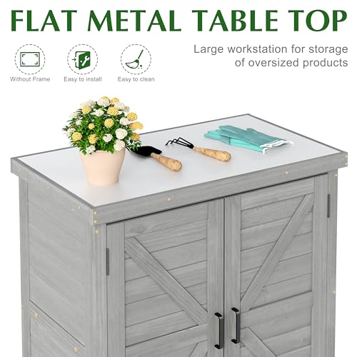 Outdoor Storage Cabinet & Potting Bench Table with Metal Top X300406