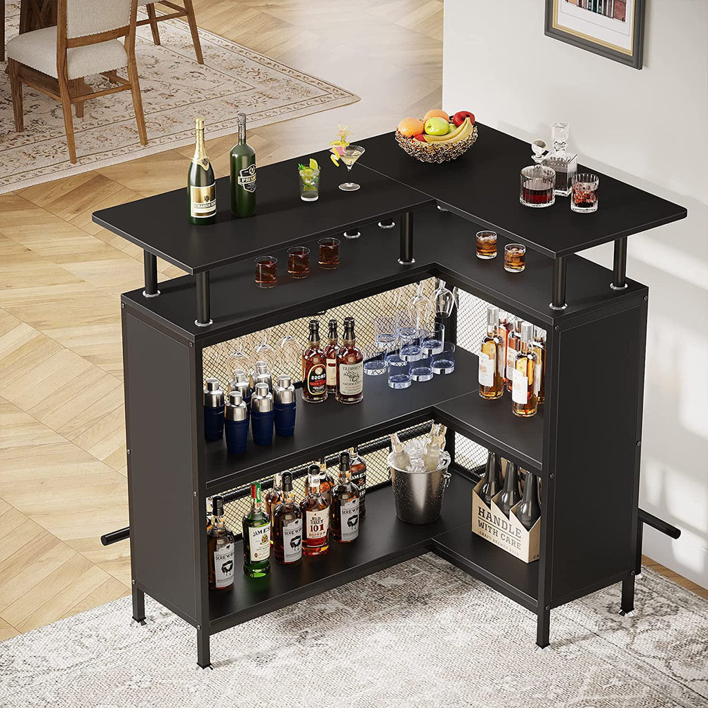 L-Shaped Black Bar Table with Stemware Racks and Shelves M966