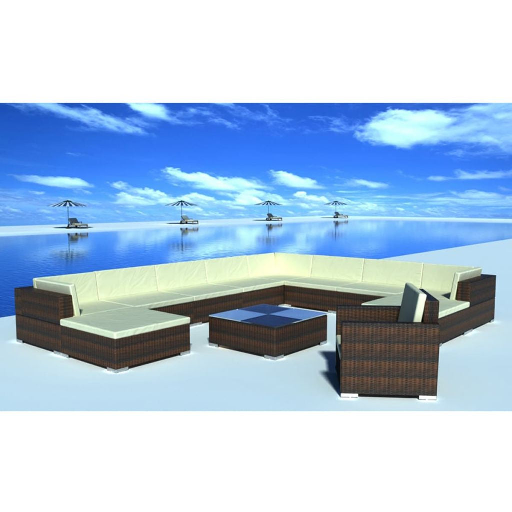 12 Piece Patio Lounge Set with Cushions Brown Poly Rattan K930349