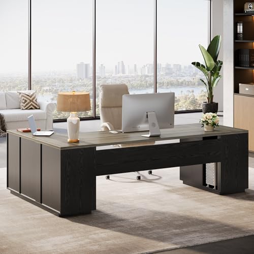 85.8-Inch L-Shaped Executive Desk with File Drawers, Door Cabinet & Shelves, White & Brown K153