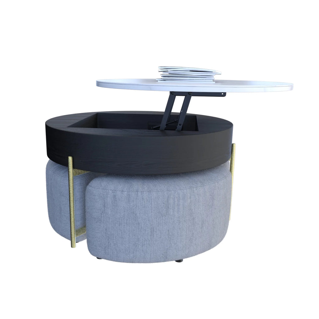 Lift-Top Coffee Table with 3 Stools White Black H75110