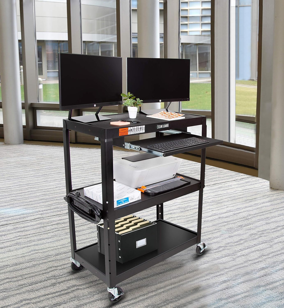 Large AV Cart with Retractable Keyboard Tray Height Adjustable Utility Cart Black 34in x 18in x 42in X34054