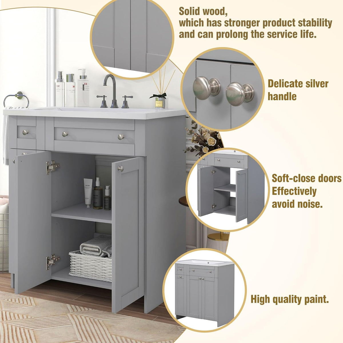 30" Grey Bathroom Vanity with Single Sink M907