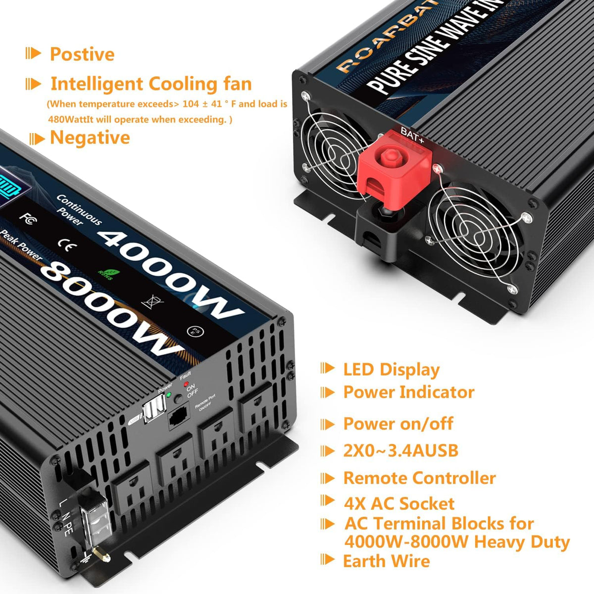 4000Watt 12V DC to AC 110V Power Inverter with Remote Control 4 AC Outlets Dual USB Port F351
