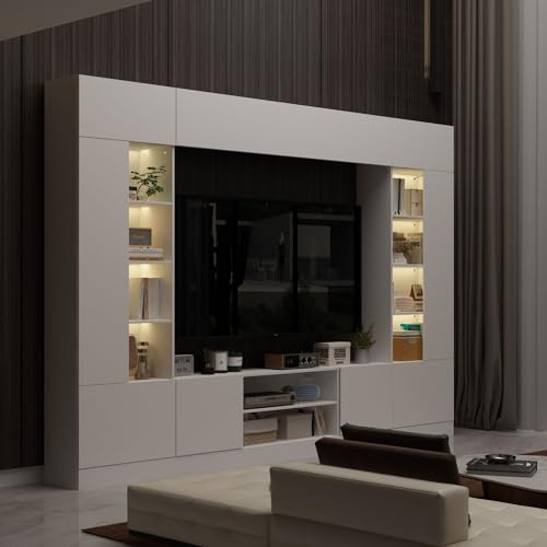 White Entertainment Center with Bookshelves and Doors 81.1"W x 11.8"D x 70.9"H P70708