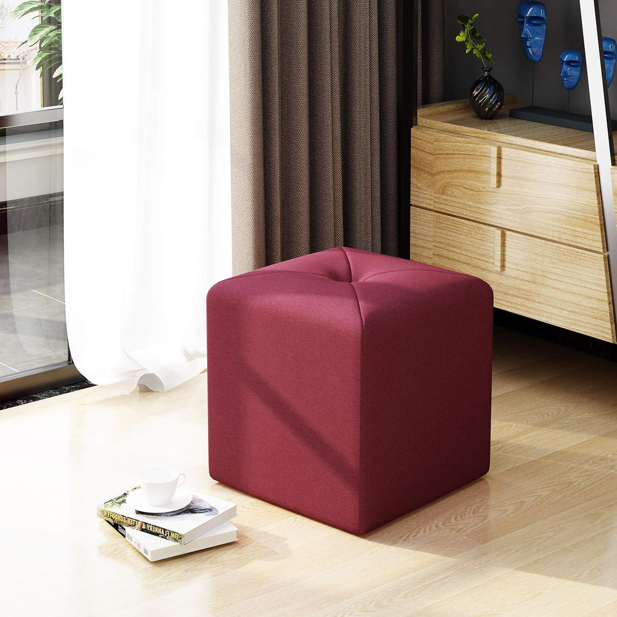 Deep Red Fabric Square Ottoman F912