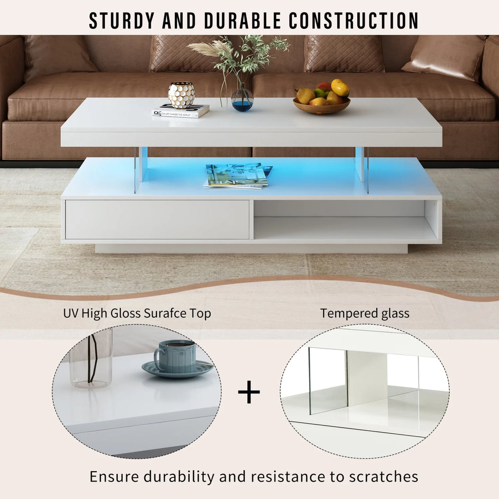 White LED Coffee Table with Storage and 2 Drawers Y649