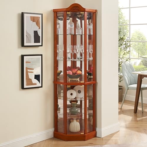 Oak Lighted Wooden Corner Display Curio Cabinet with Tempered Glass Doors N27001