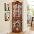 Oak Lighted Wooden Corner Display Curio Cabinet with Tempered Glass Doors N27001